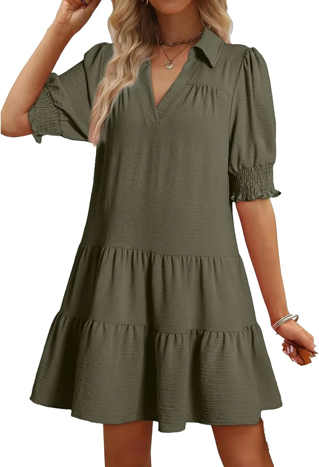 Womens Trendy Ruffle Short Sleeve Dresses 2025 Summer V Neck Pleated Flowy Tiered Mini Beach Dress
