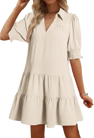 Womens Trendy Ruffle Short Sleeve Dresses 2025 Summer V Neck Pleated Flowy Tiered Mini Beach Dress
