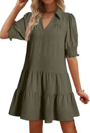 Womens Trendy Ruffle Short Sleeve Dresses 2025 Summer V Neck Pleated Flowy Tiered Mini Beach Dress