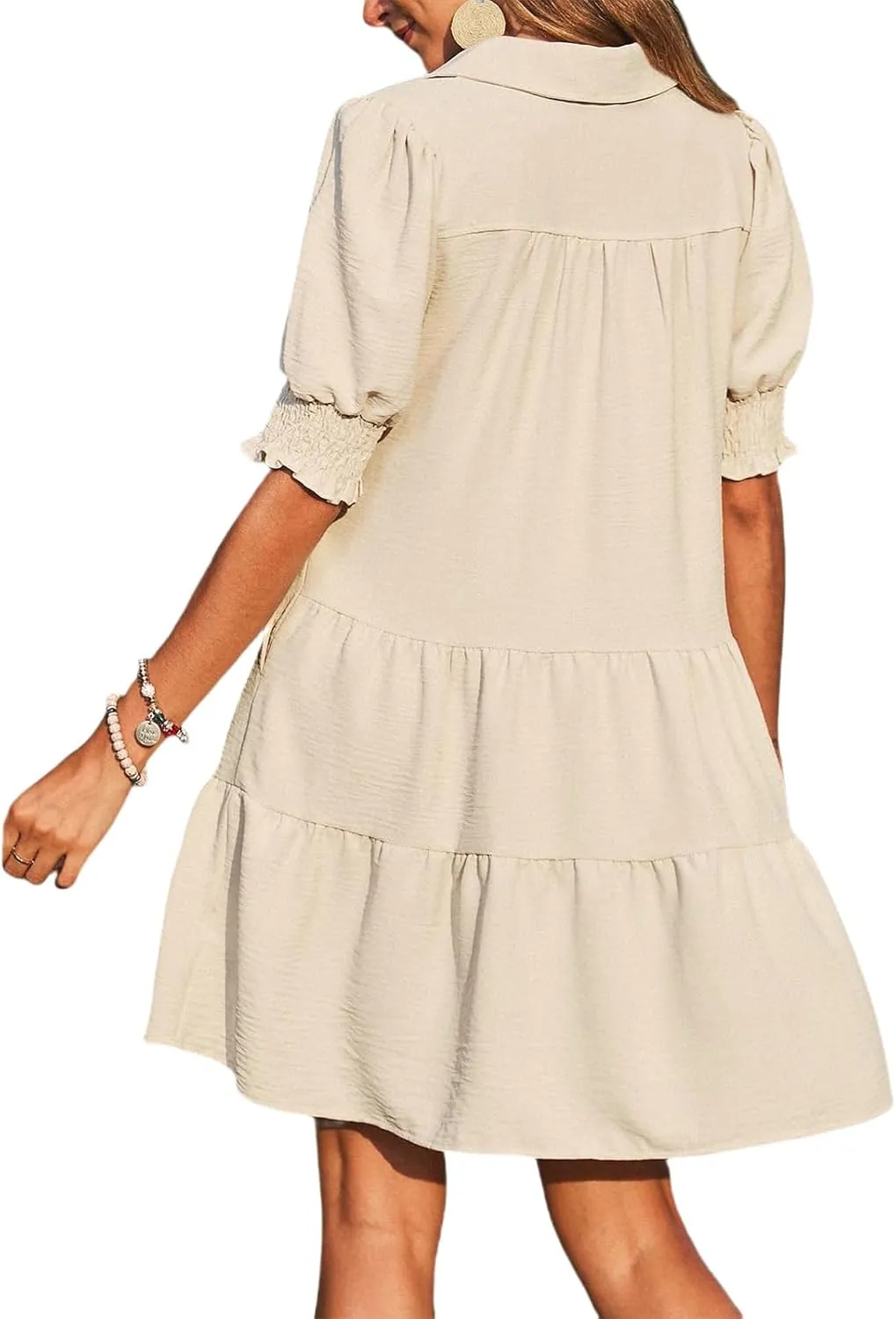 Womens Trendy Ruffle Short Sleeve Dresses 2025 Summer V Neck Pleated Flowy Tiered Mini Beach Dress
