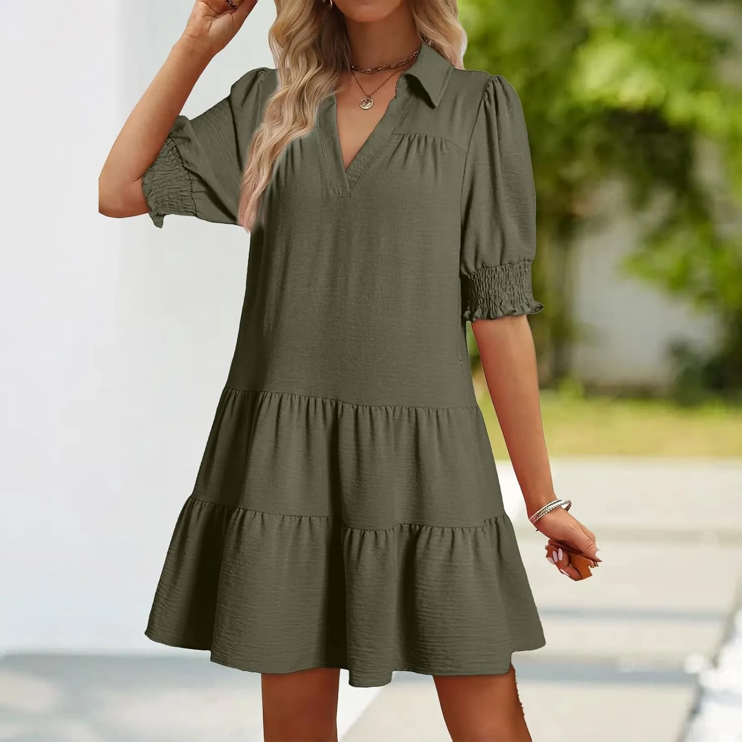 Womens Trendy Ruffle Short Sleeve Dresses 2025 Summer V Neck Pleated Flowy Tiered Mini Beach Dress