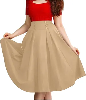 Women's Vintage Pleated Midi Skirt High Waist Button Front 50S 60S Flared A-Line Swing Flowy Skirt with Pockets
