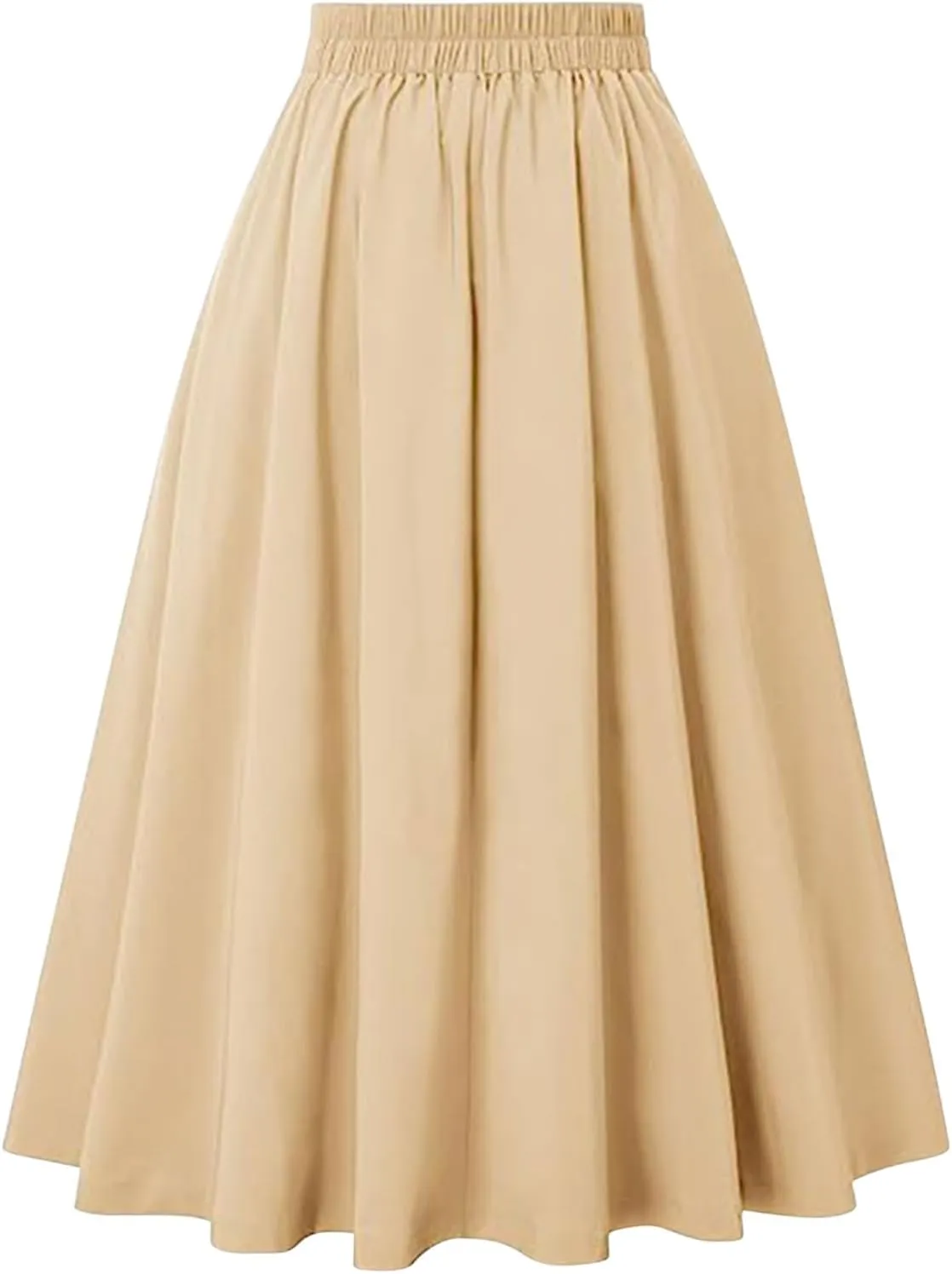 Women's Vintage Pleated Midi Skirt High Waist Button Front 50S 60S Flared A-Line Swing Flowy Skirt with Pockets