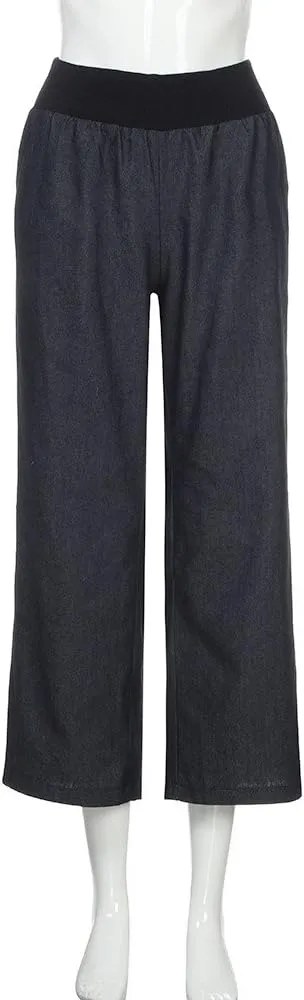 Womens Wide Leg Jeans Casual Baggy High Waisted Stretch Denim Pants Trousers