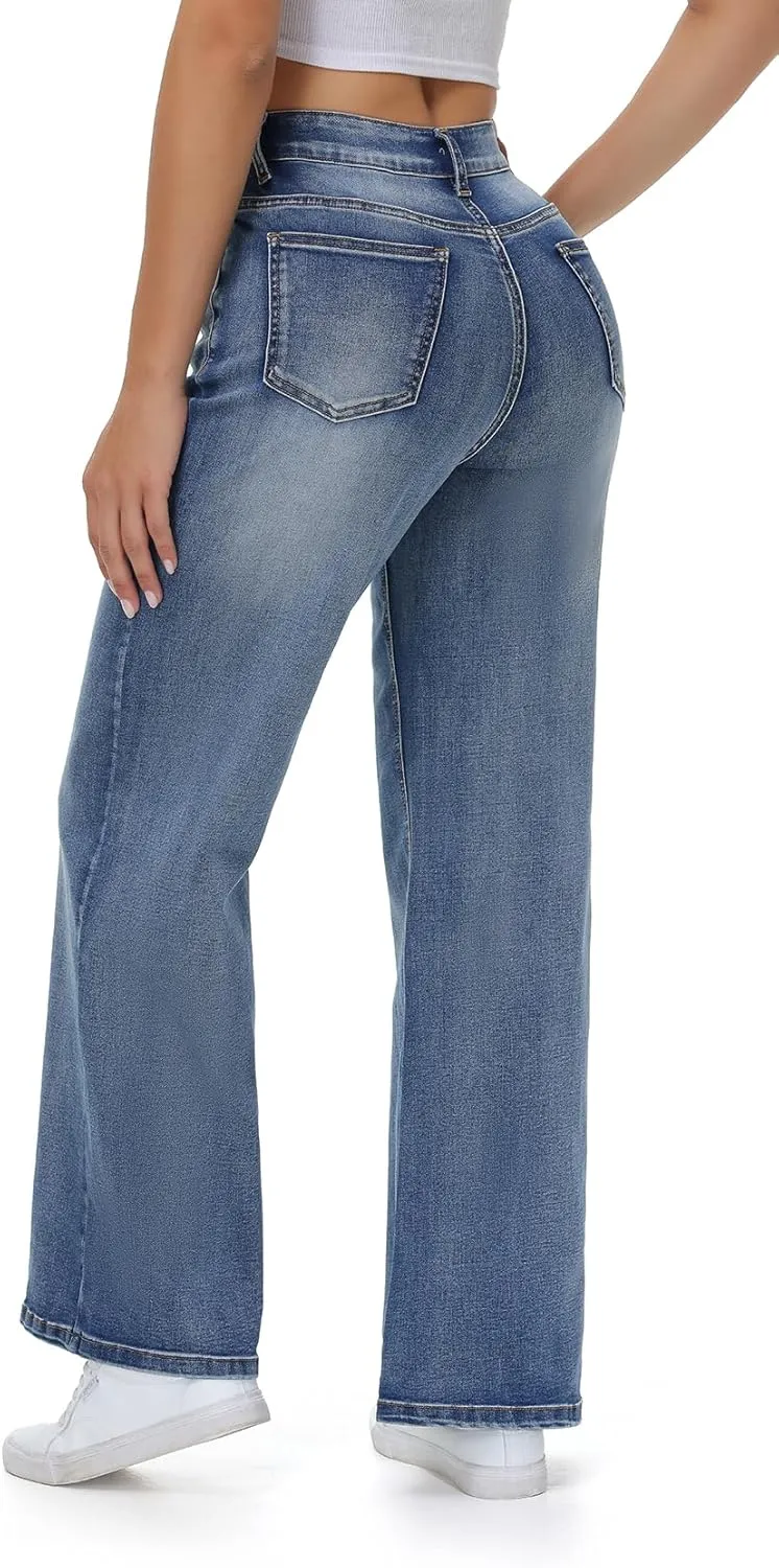Women’s Wide Leg Jeans Casual Baggy High Waisted Stretch Denim Pants