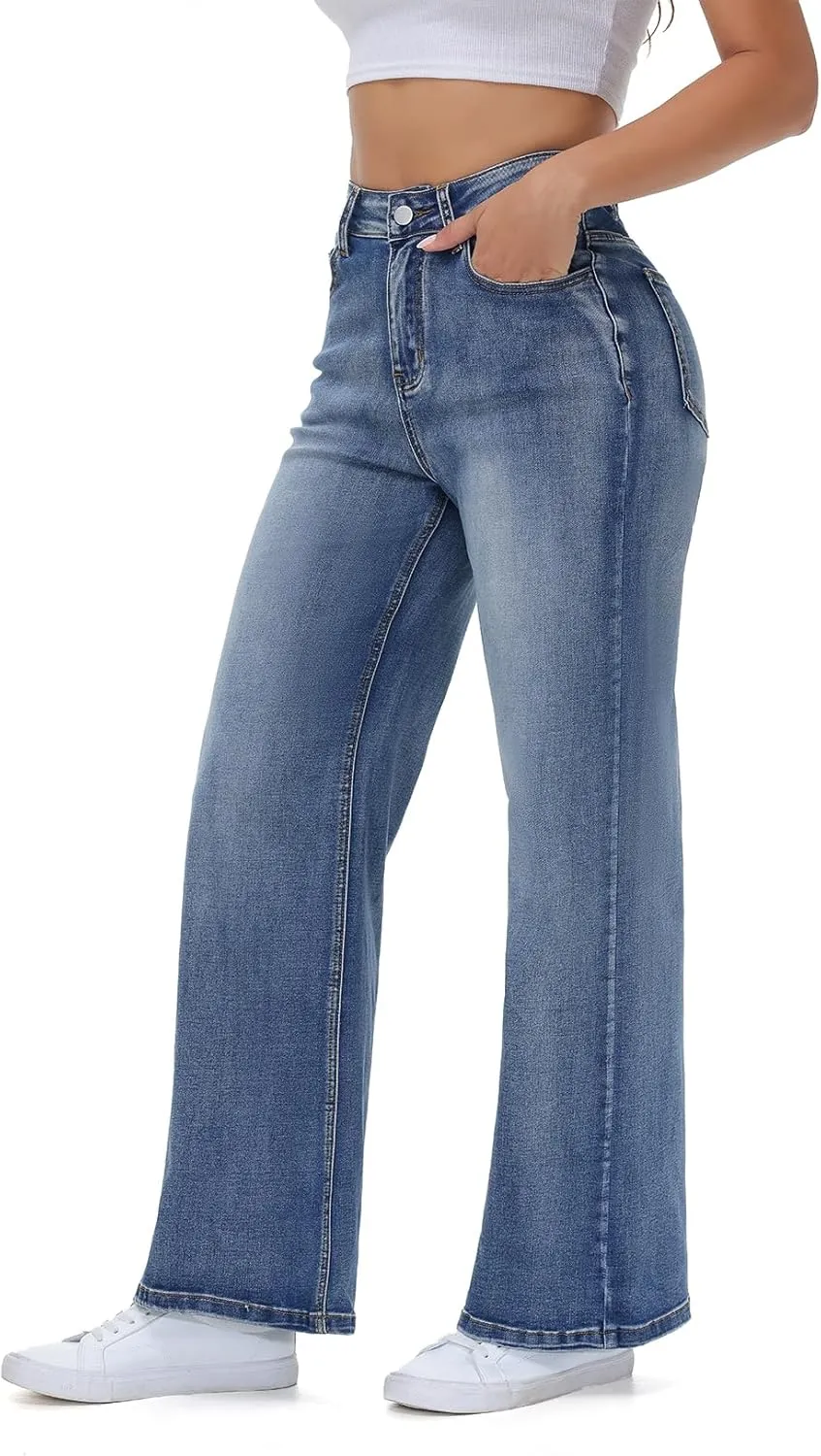 Women’s Wide Leg Jeans Casual Baggy High Waisted Stretch Denim Pants