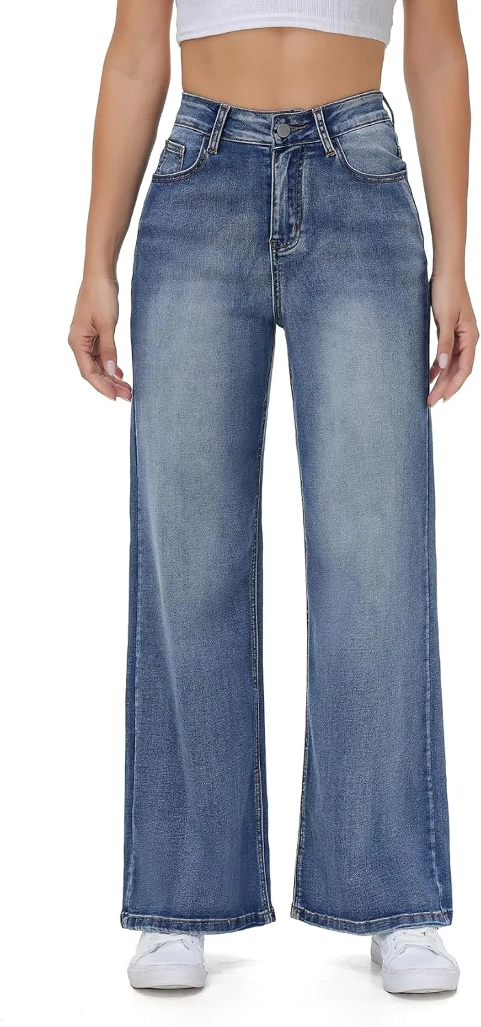 Women’s Wide Leg Jeans Casual Baggy High Waisted Stretch Denim Pants