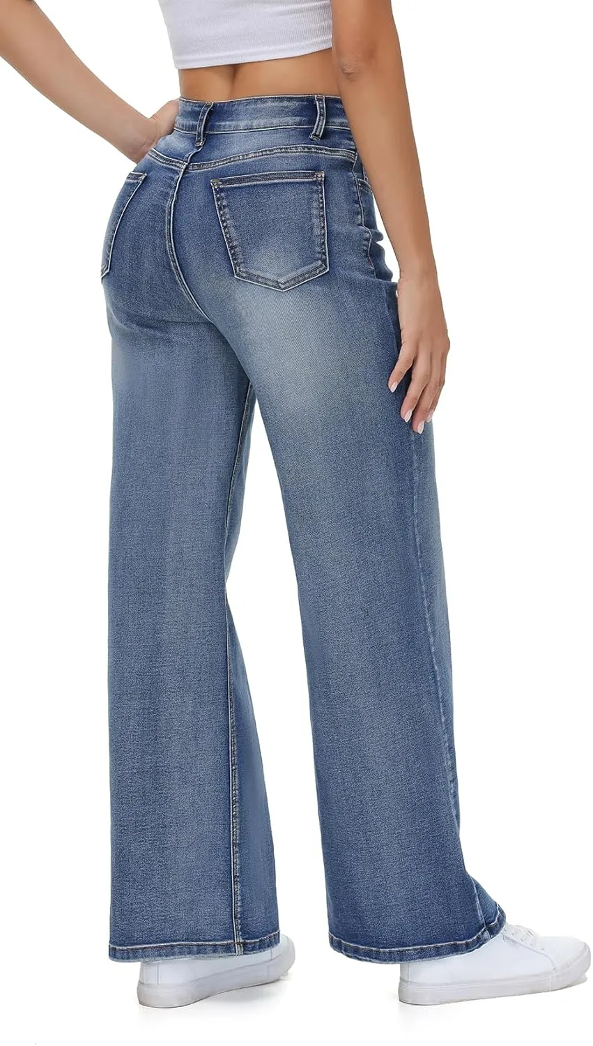 Women’s Wide Leg Jeans Casual Baggy High Waisted Stretch Denim Pants