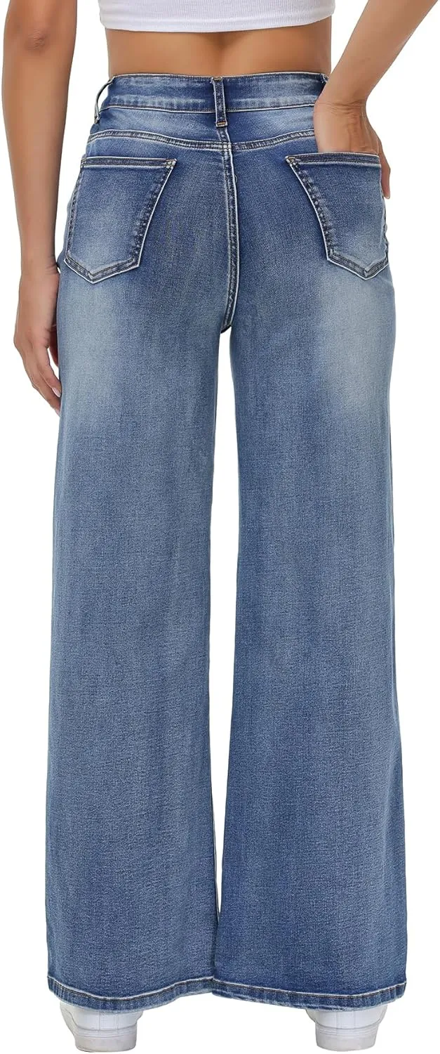 Women’s Wide Leg Jeans Casual Baggy High Waisted Stretch Denim Pants