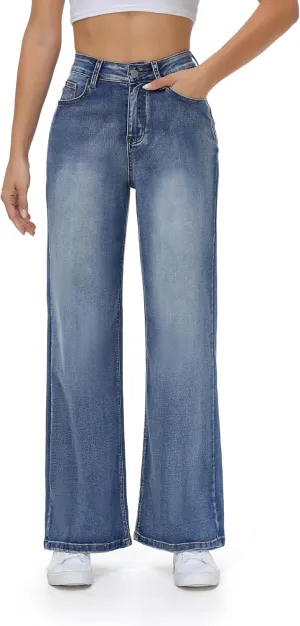 Women’s Wide Leg Jeans Casual Baggy High Waisted Stretch Denim Pants