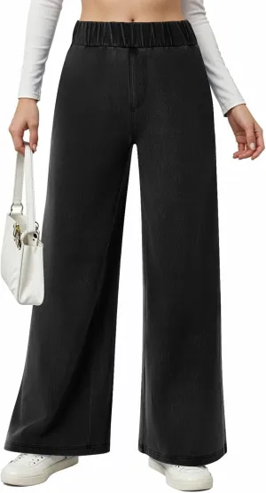 Womens Wide Leg Jeans Elastic Waist Mid Rise Baggy Loose Stretchy Trendy Casual Denim Pants with Pockets