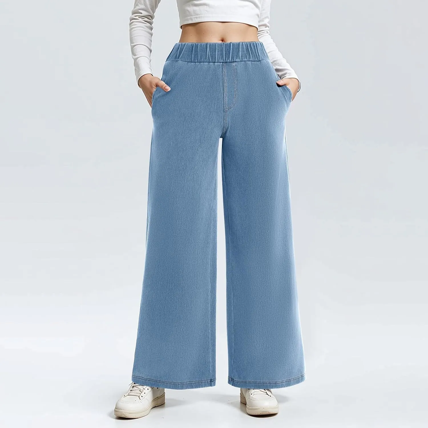 Womens Wide Leg Jeans Elastic Waist Mid Rise Baggy Loose Stretchy Trendy Casual Denim Pants with Pockets