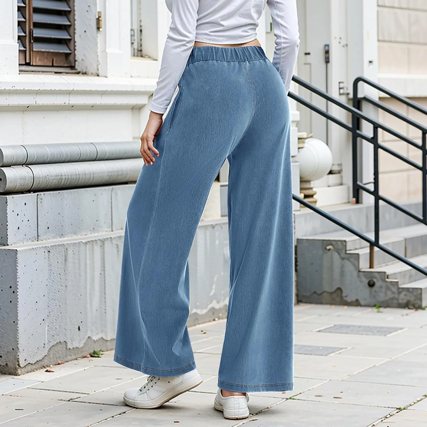 Womens Wide Leg Jeans Elastic Waist Mid Rise Baggy Loose Stretchy Trendy Casual Denim Pants with Pockets