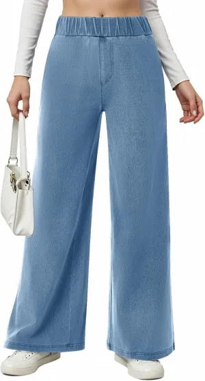Womens Wide Leg Jeans Elastic Waist Mid Rise Baggy Loose Stretchy Trendy Casual Denim Pants with Pockets
