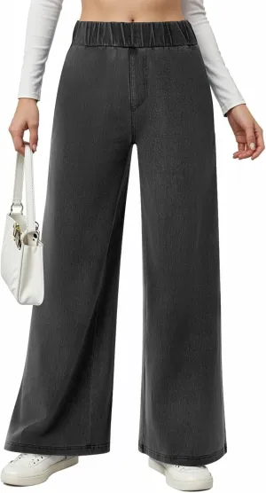 Womens Wide Leg Jeans Stretchy Mid Elastic Waist Pull On Jeans Baggy Boyfriend Comfy Denim Pants Trendy Streetwear
