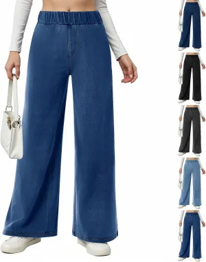 Womens Wide Leg Jeans Stretchy Mid Elastic Waist Pull On Jeans Baggy Boyfriend Comfy Denim Pants Trendy Streetwear