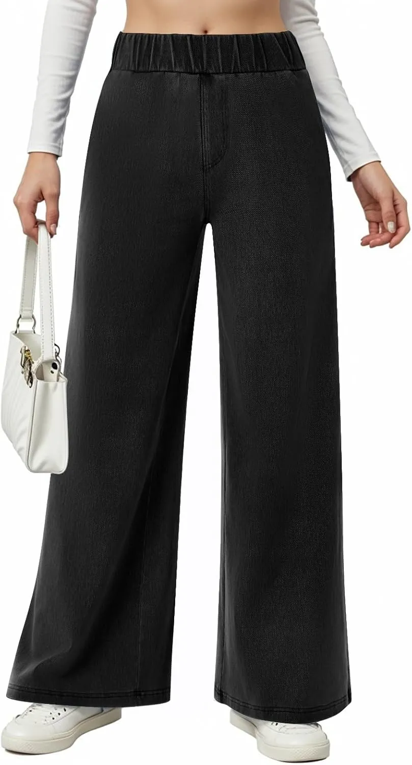 Womens Wide Leg Jeans Stretchy Mid Elastic Waist Pull On Jeans Baggy Boyfriend Comfy Denim Pants Trendy Streetwear