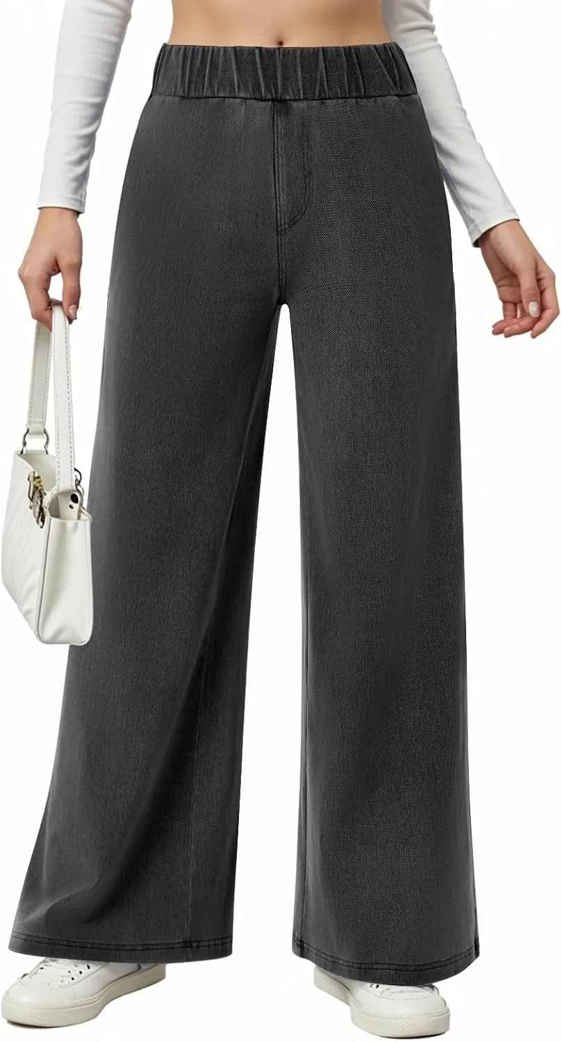 Womens Wide Leg Jeans Stretchy Mid Elastic Waist Pull On Jeans Baggy Boyfriend Comfy Denim Pants Trendy Streetwear
