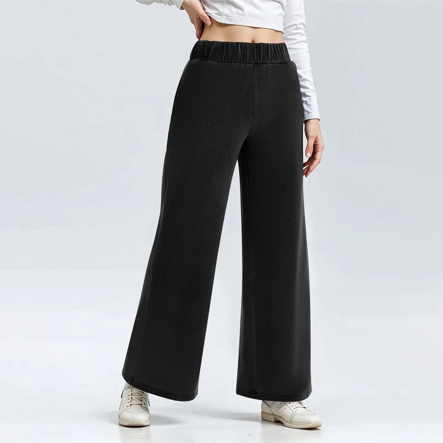 Womens Wide Leg Jeans Stretchy Mid Elastic Waist Pull On Jeans Baggy Boyfriend Comfy Denim Pants Trendy Streetwear