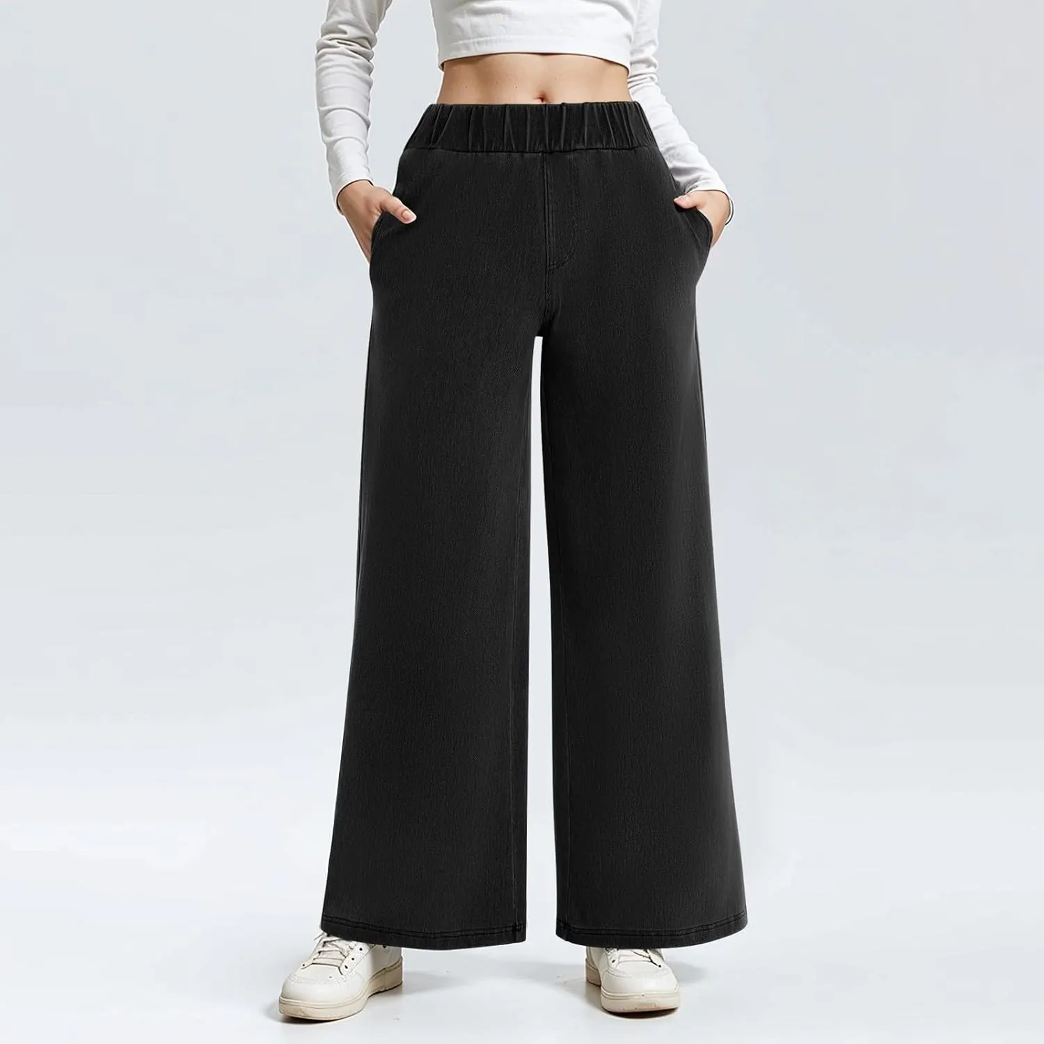 Womens Wide Leg Jeans Stretchy Mid Elastic Waist Pull On Jeans Baggy Boyfriend Comfy Denim Pants Trendy Streetwear
