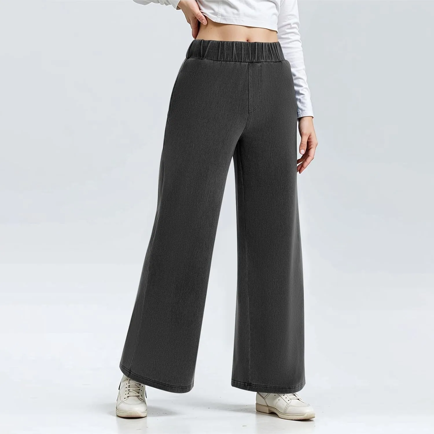 Womens Wide Leg Jeans Stretchy Mid Elastic Waist Pull On Jeans Baggy Boyfriend Comfy Denim Pants Trendy Streetwear