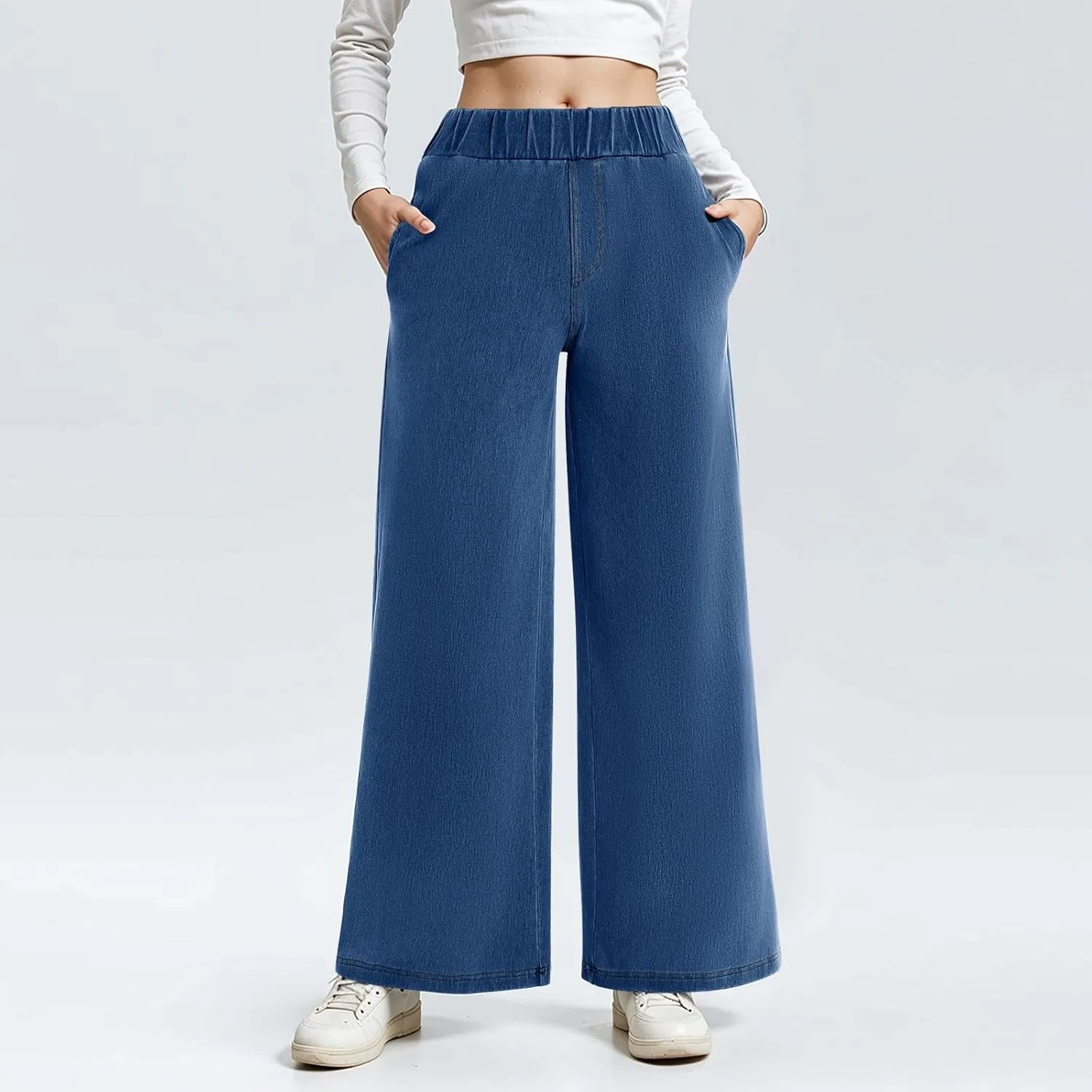 Womens Wide Leg Jeans Stretchy Mid Elastic Waist Pull On Jeans Baggy Boyfriend Comfy Denim Pants Trendy Streetwear
