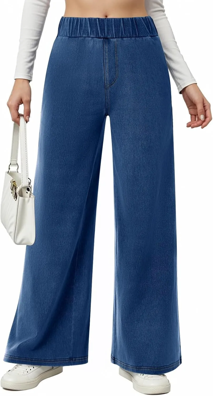 Womens Wide Leg Jeans Stretchy Mid Elastic Waist Pull On Jeans Baggy Boyfriend Comfy Denim Pants Trendy Streetwear
