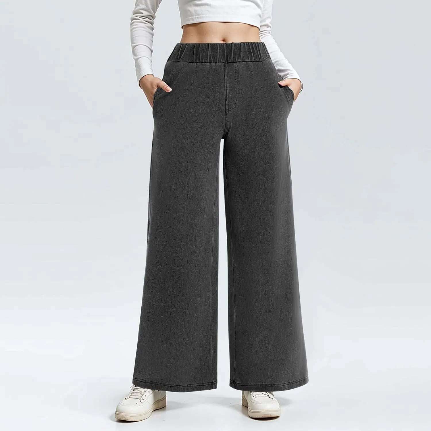 Womens Wide Leg Jeans Stretchy Mid Elastic Waist Pull On Jeans Baggy Boyfriend Comfy Denim Pants Trendy Streetwear