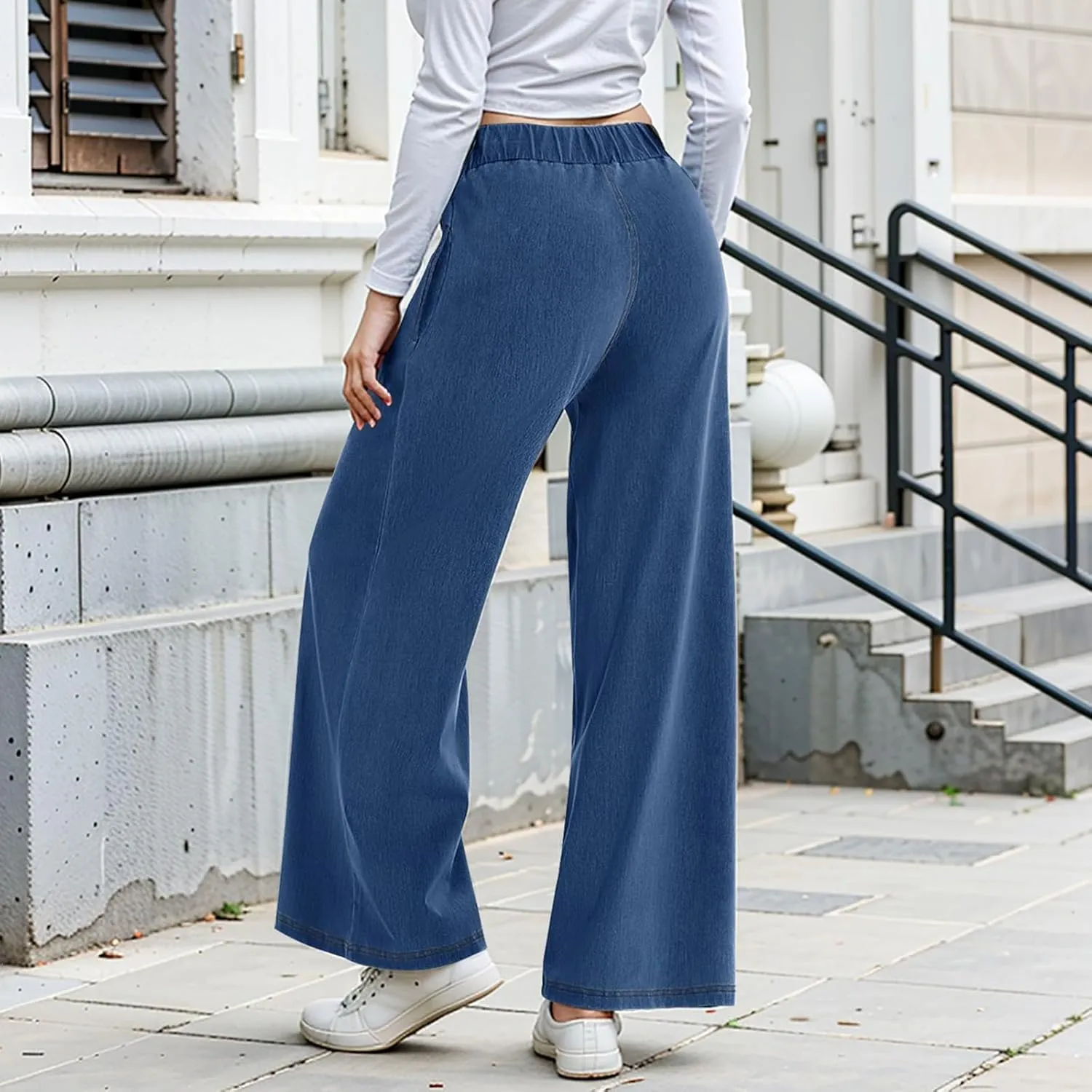 Womens Wide Leg Jeans Stretchy Mid Elastic Waist Pull On Jeans Baggy Boyfriend Comfy Denim Pants Trendy Streetwear