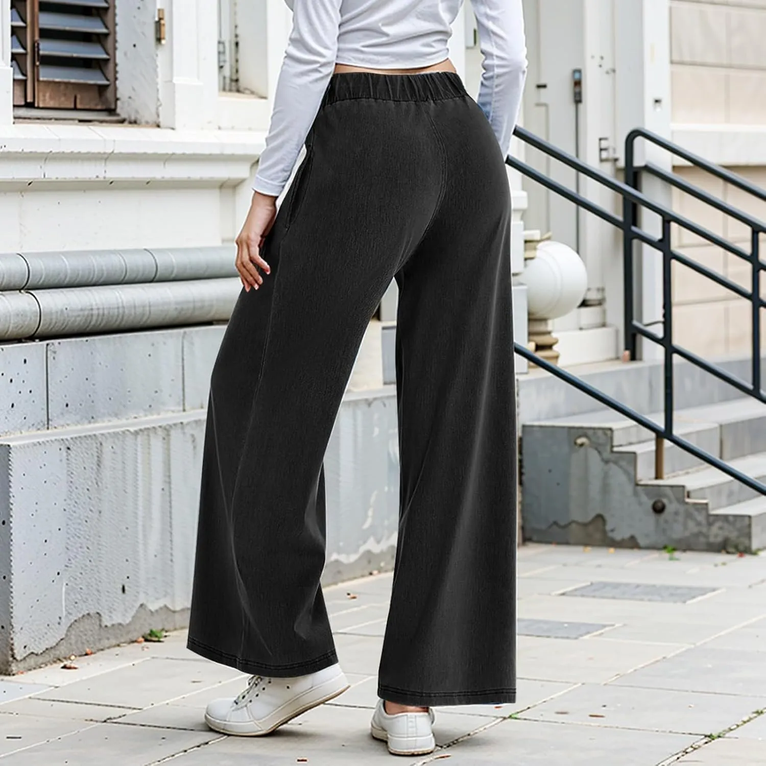 Womens Wide Leg Jeans Stretchy Mid Elastic Waist Pull On Jeans Baggy Boyfriend Comfy Denim Pants Trendy Streetwear