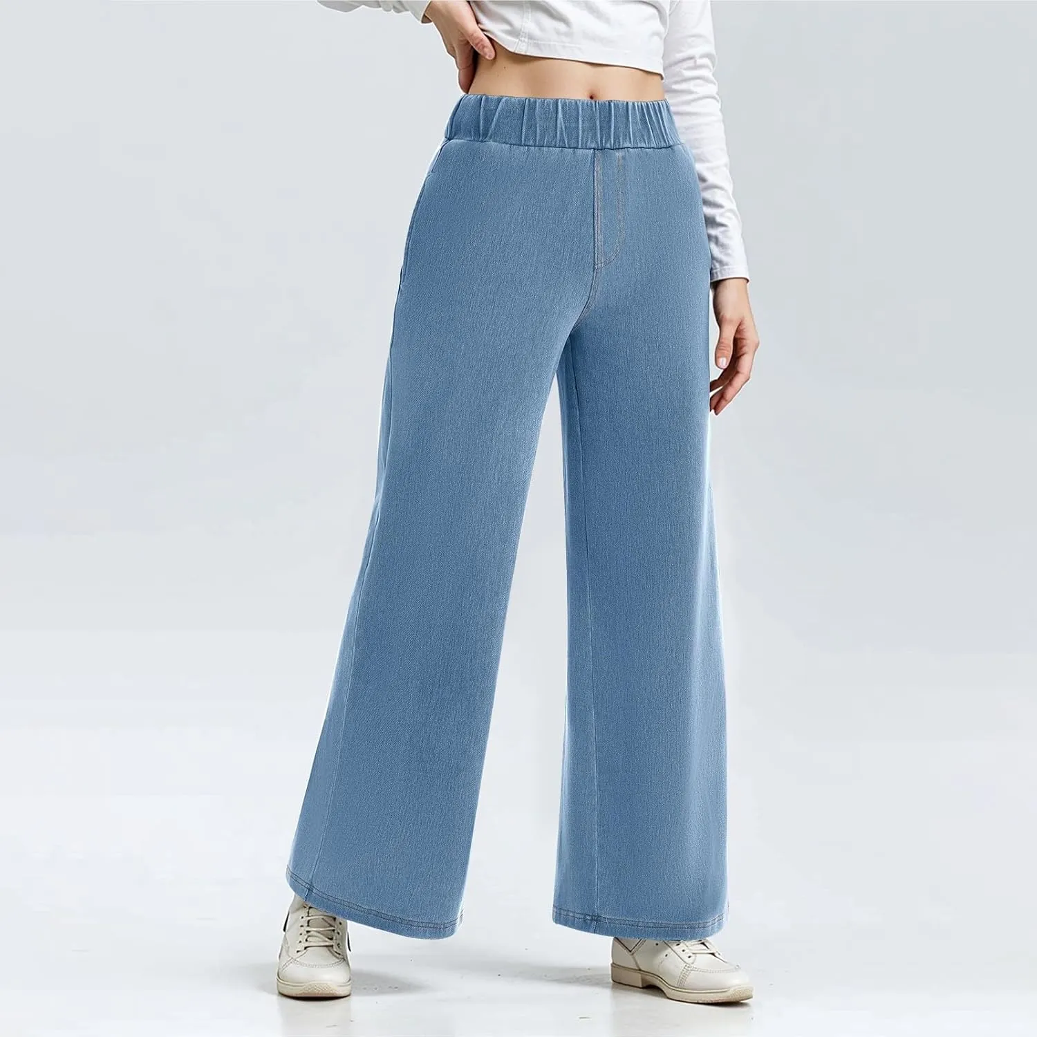 Womens Wide Leg Jeans Stretchy Mid Elastic Waist Pull On Jeans Baggy Boyfriend Comfy Denim Pants Trendy Streetwear