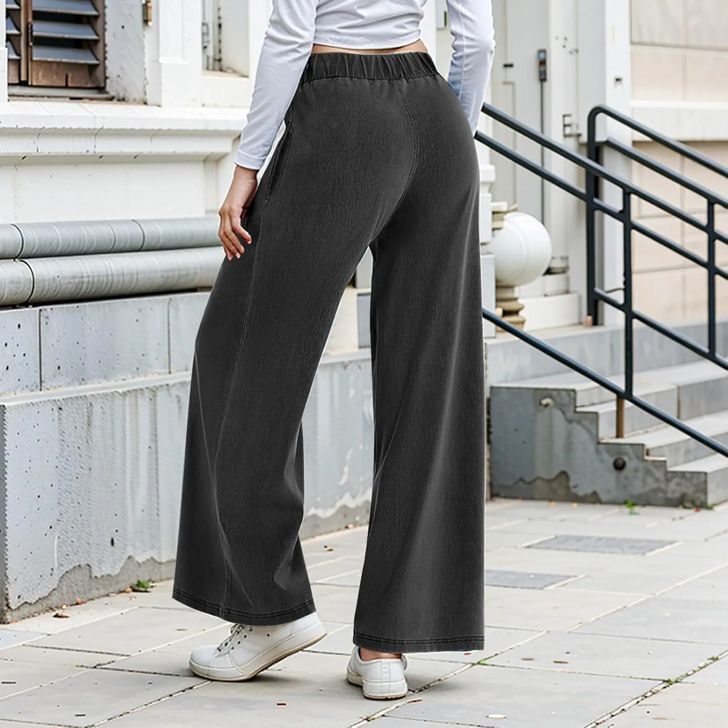Womens Wide Leg Jeans Stretchy Mid Elastic Waist Pull On Jeans Baggy Boyfriend Comfy Denim Pants Trendy Streetwear