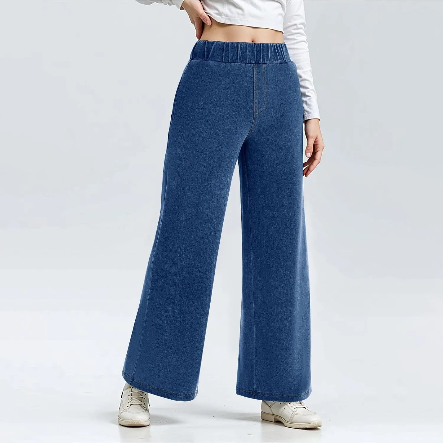 Womens Wide Leg Jeans Stretchy Mid Elastic Waist Pull On Jeans Baggy Boyfriend Comfy Denim Pants Trendy Streetwear