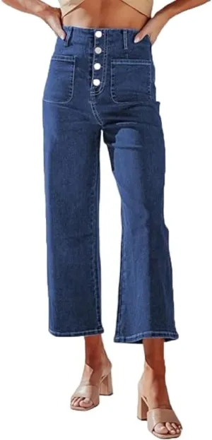 Womens Wide Leg Jeans Woman High Waisted Stretchy Baggy Cropped Denim Pants