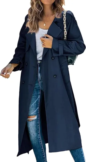 Women's Windproof Trench Coat Notched Lapel Double Breasted Long Overcoat Casual Fall Winter Windbreaker Outerwear