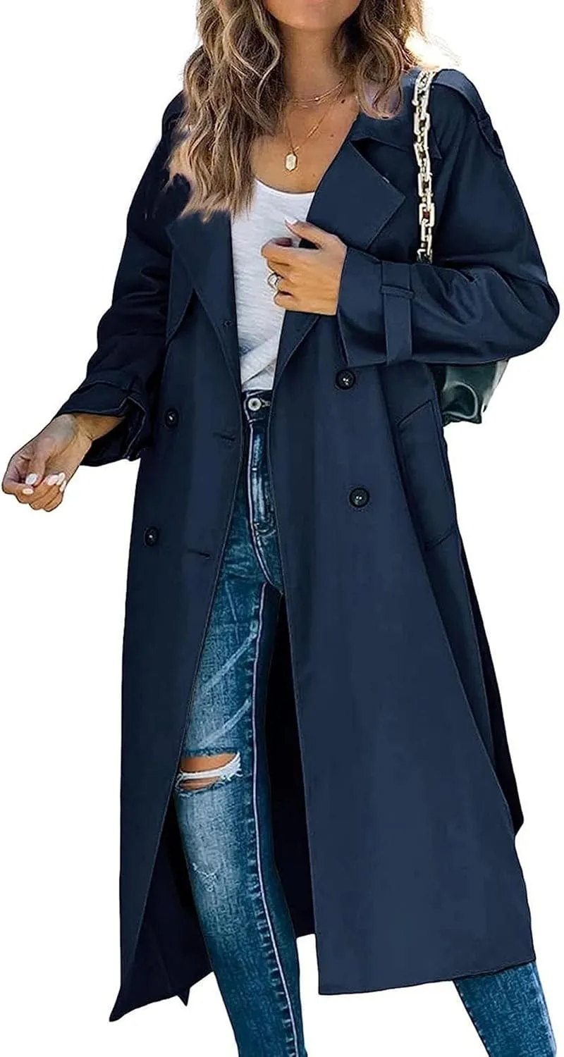 Women's Windproof Trench Coat Notched Lapel Double Breasted Long Overcoat Casual Fall Winter Windbreaker Outerwear