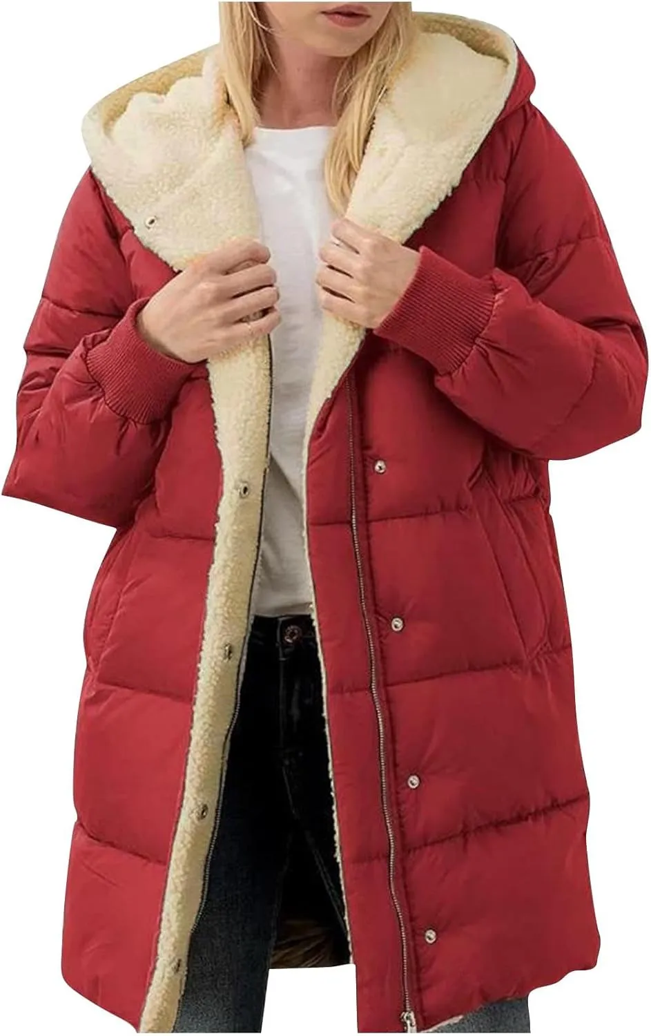 Womens Winter Jacket, Zipper Puffer Down Jackets Long Sleeve Casual Outerwear Trendy Mid Long Warm Outerwear