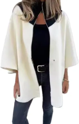 Women's winter wool blend jacket coat plush wool jacket 3/4 sleeve solid color loose jacket cardigan coat