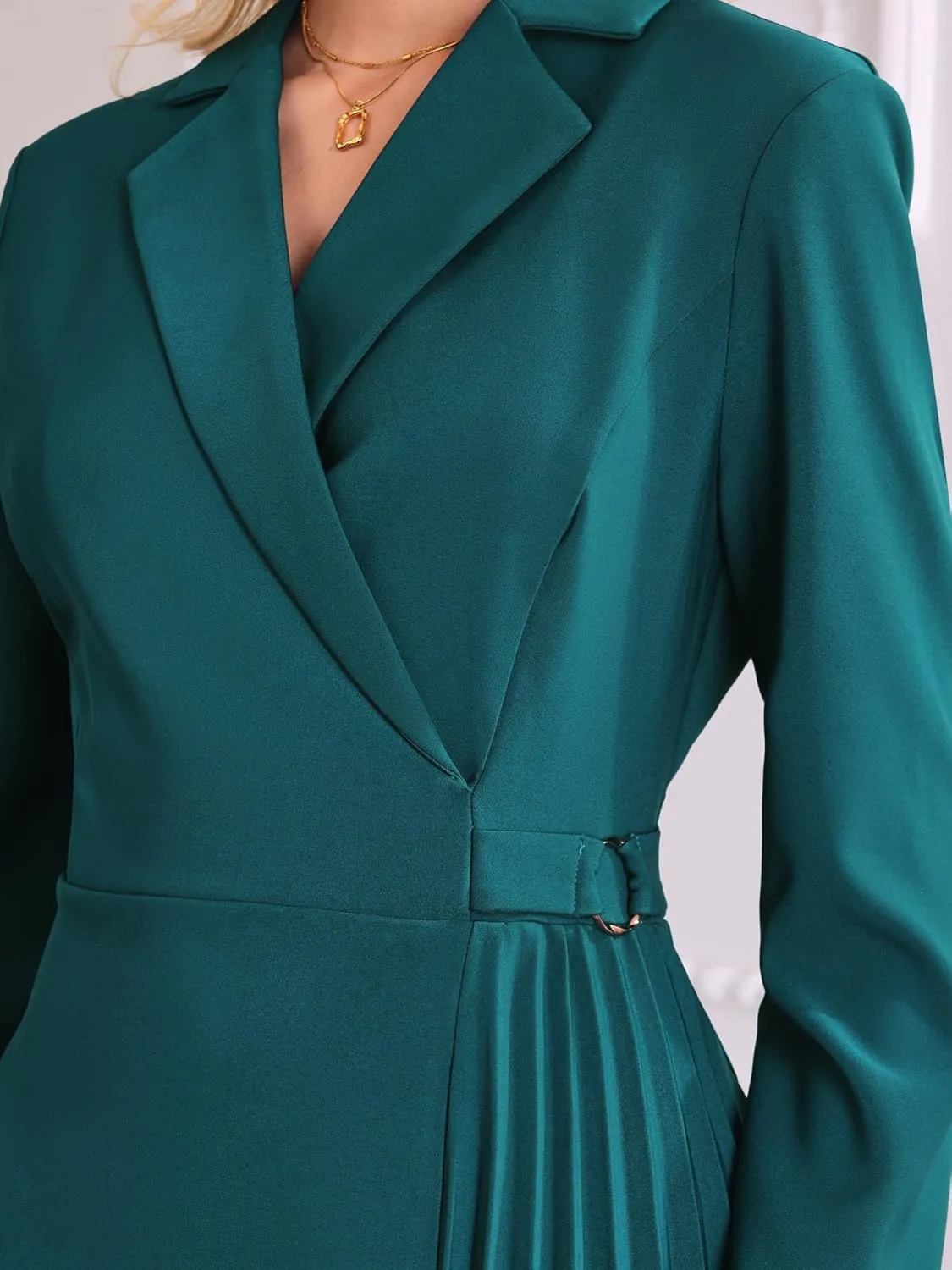 Women's Wrap Dress A-Line Pleated Midi Long Sleeve Dresses