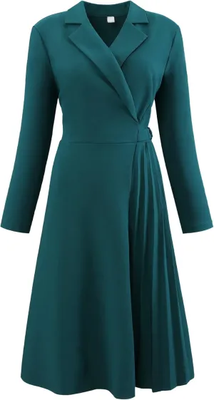 Women's Wrap Dress A-Line Pleated Midi Long Sleeve Dresses