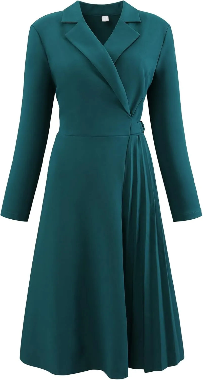 Women's Wrap Dress A-Line Pleated Midi Long Sleeve Dresses