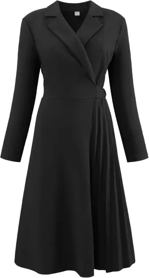 Women's Wrap Dress A-Line Pleated Midi Long Sleeve Dresses