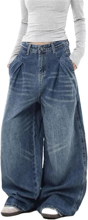 Women's Wrinkle Design Wide-Leg Jeans Vintage Trousers High Waist Baggy Pants
