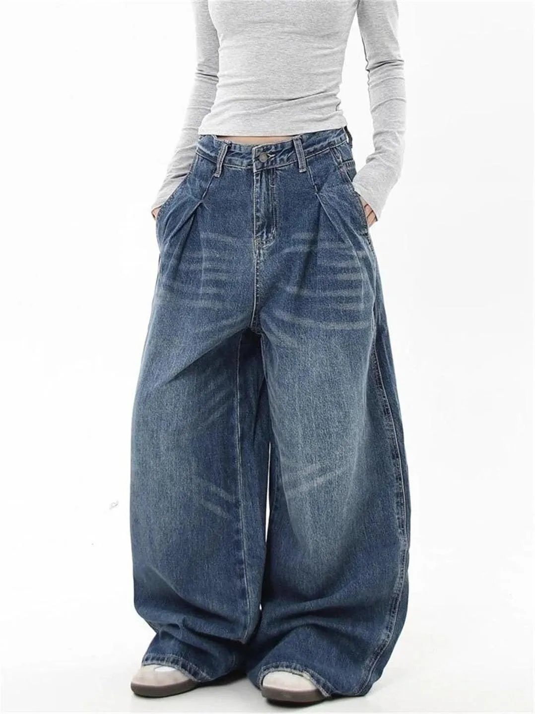 Women's Wrinkle Design Wide-Leg Jeans Vintage Trousers High Waist Baggy Pants