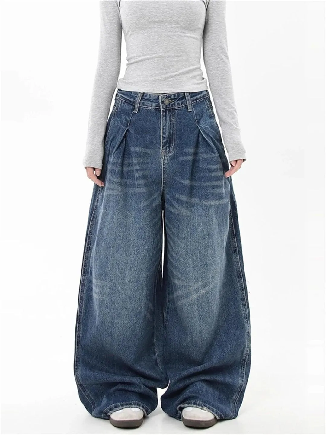 Women's Wrinkle Design Wide-Leg Jeans Vintage Trousers High Waist Baggy Pants