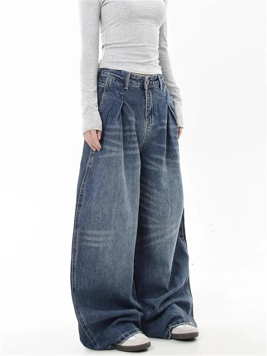 Women's Wrinkle Design Wide-Leg Jeans Vintage Trousers High Waist Baggy Pants