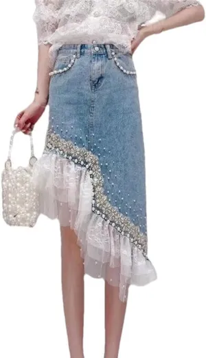 Women's Y2K Patchwork Denim Skirt Lace Trim Sweet Bodycon Skirts Irregular Beading Summer Skirt