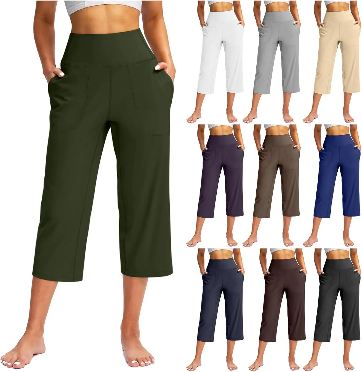Women's Yoga Pants Casual Wide Leg Capri Pants High Waisted Tummy Control Pant Comfy Athletic Exercise Workout Trousers