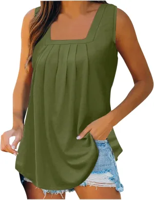 Womne's Summer Sleeveless Square Neck Tank Tops, Flowy Pleated Tunic Shirts for Women, Ladies Loose Fit Tshirt