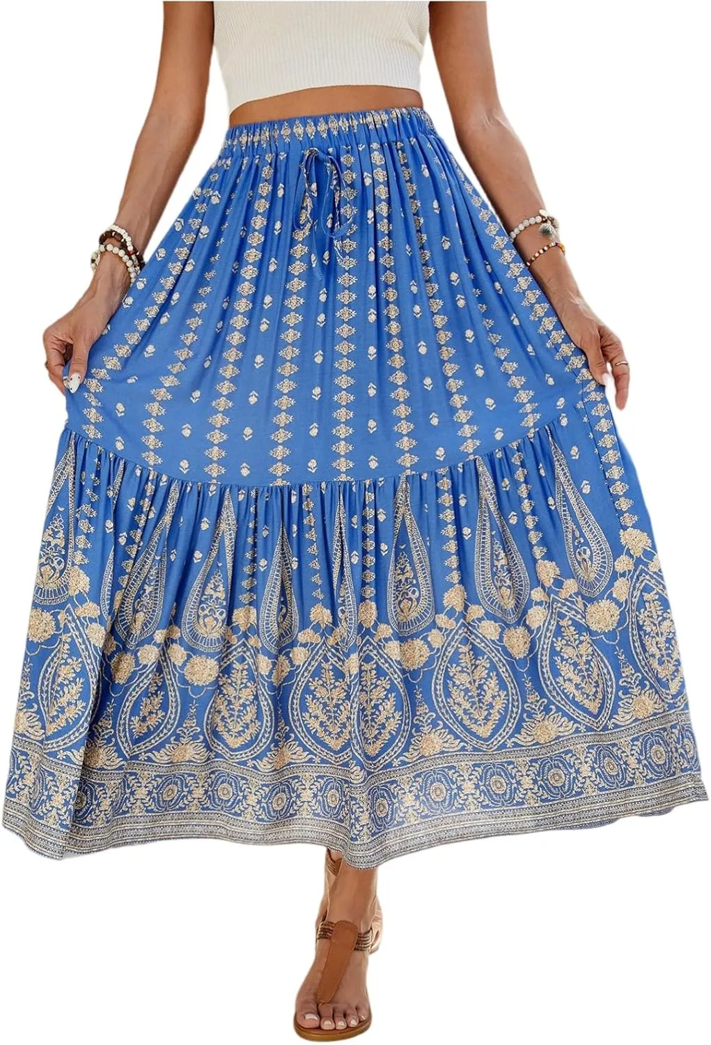 Wrap Skirt, Flowy Maxi Skirts for Women 2025 Trendy Drawstring Tiered Long Boho Skirt Spring Summer Sexy